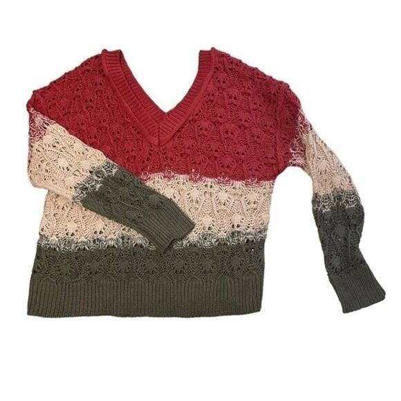 POL Loose Knit Color Block Crochet V-Neck Sweater, Slouchy, Relaxed, Weekend,  L - Picture 4 of 10